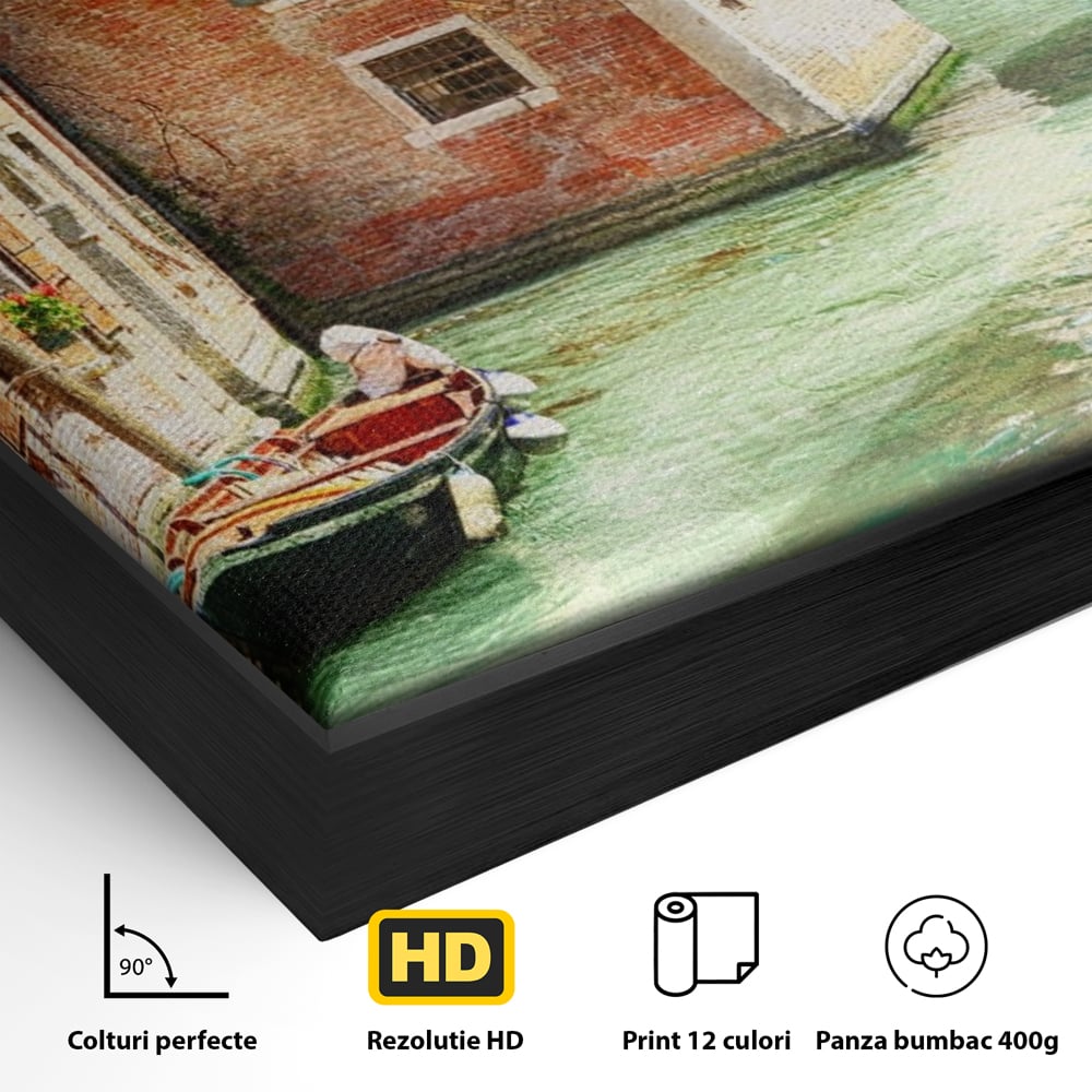 Detaliu al suprafetei: tablou canvas cu peisaj din venetia, in rama de aluminiu negru